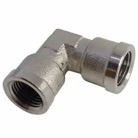 90° elbow fitting with 3/8 in female BSPP threaded connections on both ends. Rated for maximum operating pressure of 870 psi. Used to change direction in medium-pressure fluid systems