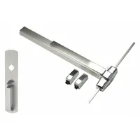 Surface vertical rod exit device with touchbar and thumbpiece pull. Chrome finish. Designed for doors up to 4 ft wide. Provides push-bar operation for commercial egress, with top and bottom vertical rod latching