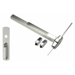 Surface vertical rod exit device with touchbar and thumbpiece pull. Chrome finish. Designed for doors up to 4 ft wide. Provides push-bar operation for commercial egress, with top and bottom vertical rod latching.