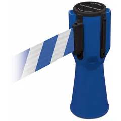 This blank blue plastic barrier tape is designed for use with traffic cones to create temporary pedestrian or vehicle barriers. It has a 9-inch belt height, 3/4-foot overall height, and a maximum belt length of 11 7/8 feet. The blue belt housing matches the tape color. Typical applications include marking off hazardous areas, controlling crowd flow, or designating work zones.