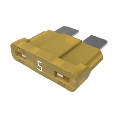 Fast-acting blade-type automotive fuse rated 5 A at 32 V DC. Features an indicating function for blown fuse detection. Provides overcurrent protection in DC circuits up to 32 V, commonly used in vehicle fuse boxes and electrical systems.