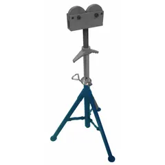 This pipe stand features a straight roller head that allows pipe to rotate freely during cutting, threading, or welding. The adjustable legs provide stability on uneven surfaces. Constructed of metal with a maximum load capacity of 2,500 lb.