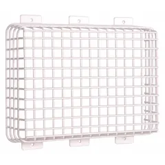 Steel wire guard for indoor emergency lights, surface or wall mounted. White finish. Includes mounting hardware. Helps protect against vandalism and damage. Overall length 14-5/8 in, depth 4 in.