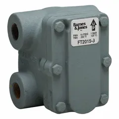 Cast iron H-pattern float and thermostatic steam trap with 3/4 in FNPT connection. Stainless steel float. Maximum capacity 1,129 lb/hr at 15 psig, maximum temperature 345°F. Horizontal installation. Used to automatically drain condensate from steam lines in industrial heating processes, steam mains, and heat exchangers.