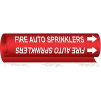 Wrap-around pipe marker for identifying fire auto sprinkler piping. Red background with white legend text. Fits pipe outer diameter from 1/2 to 1-3/8 inches. Includes directional arrows. Single marker supplied