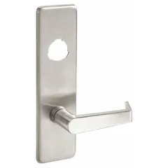 This stainless steel lever trim is designed for use with exit push bars on commercial doors up to 48 inches wide. It provides ADA-compliant lever operation for egress applications. The trim is not ligature-resistant.