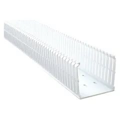 Screw-mount slotted wiring duct base with narrow slot wall type. Nominal height 3 in, slot height 2.1 in, slot width 0.2 in, length 72 in. Constructed of lead-free PVC in white. Designed for routing and protecting cables in control panels and enclosures; accepts snap-on covers (sold separately).