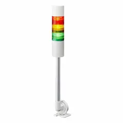 Three-tier tower light assembly with red, amber, and green light tiers and an integrated sounder tier. Operates at 24V DC with direct wire connection. IP54 rated. Suitable for visual and audible status indication in industrial automation and process control applications.