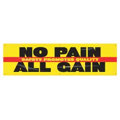 Indoor/outdoor banner printed on one side, made of poly sheeting. Nominal sign size 28 in x 96 in. No wind slits. Used to promote quality awareness in industrial facilities.