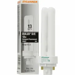 This 13-watt compact fluorescent lamp features a double twin-tube design with a 4-pin G24q-1 base. It operates at 4100K color temperature, producing cool white light, and is dimmable. Suitable for use in commercial and industrial fixtures such as recessed troffers, wall sconces, and ceiling-mounted luminaires.