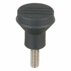 This pull knob features a 33 mm diameter plastic body with a stainless steel threaded stud. The 5/16"-18 thread size and 20 mm thread length allow for manual gripping and pulling in jigs, fixtures, and machinery where corrosion resistance is required.