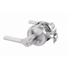 This storeroom lever lockset is designed for interior doors requiring keyed entry from outside and free egress from inside. It features a satin chromium-plated cast zinc finish with a TB lever style and is ADA compliant. The lockset meets ANSI A156.2 standards for storeroom/closet function. Suitable for commercial or institutional applications where access control is needed.
