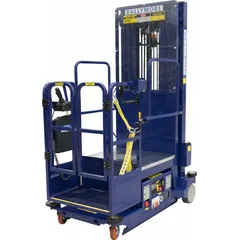 Drivable stock picker with a 16 ft elevated platform height and 28 x 19 in platform. Battery-powered with included charger. Used for order picking and stock retrieval in warehouses and distribution centers.