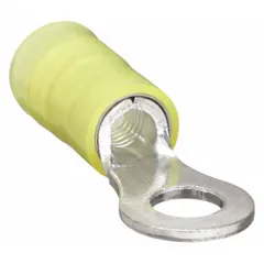 Yellow nylon-insulated ring terminal for 12 AWG to 10 AWG wire with a 3/8 in stud size. Provides a secure, insulated connection in electrical wiring applications such as control panels and power distribution.