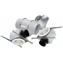 This inline duct fan kit is designed for general ventilation in residential or light commercial spaces. It moves up to 293 cfm through 6-inch ducts and includes two fluorescent grilles for integrated lighting. The thermoplastic housing is rated IP44, and the single-speed 120V AC motor is speed controllable.