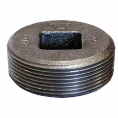 This threaded plug is used to seal the end of a pipe in medium-pressure systems. Made of cast iron, it is rated for a maximum operating pressure of 300 psi at 150°F. Suitable for industrial plumbing, HVAC, and process piping applications.