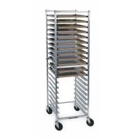 This full-size sheet pan rack from LAKESIDE is constructed of gray aluminum and ships knocked down for assembly. It accommodates 18 x 26 in pans across 20 slots with 3 in spacing, supporting up to 400 lb. NSF certified, it is suited for commercial kitchen applications such as baking, proofing, and cooling