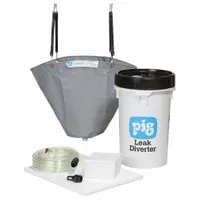 This under-the-ceiling leak diverter channels dripping water from overhead leaks into a collection container. Constructed with a brass diverter and a polyester/PVC tarp in gray with caution markings, it mounts using straps. Suitable for temporary leak management in industrial facilities, plants, and warehouses