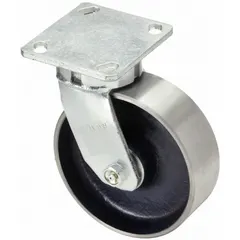 This RWM medium-duty general-purpose kingpinless plate caster features a swivel design for 360-degree maneuverability. It has a 5-inch diameter, 2-inch wide silver wheel with a steel construction and roller bearing. The mounting height is 6-1/2 inches. Suitable for carts, racks, and industrial workstations in warehouses and factories.