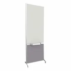 Freestanding bullet-resistant room divider with an opaque Cloud Gray fabric panel. Overall height 76 in, width 26 1/2 in. Anodized aluminum frame. Meets NIJ Level III ballistic standards. Suitable for creating secure partitions in environments requiring visual privacy and ballistic protection.
