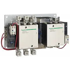 This reversing NEMA contactor from SCHNEIDER is rated for 810 A at 120V AC and features 3 poles in NEMA Size 7. It is used to control the forward and reverse rotation of three-phase AC motors in industrial applications such as conveyors, hoists, and pumps.