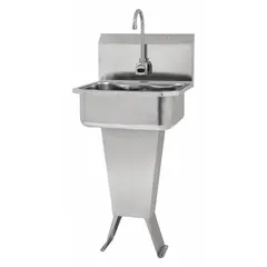 This one-station freestanding hand sink with faucet is battery powered and features a 17 in bowl length and 7 in bowl depth. It has a flow rate of 0.5 gpm and does not include a side splash. Suitable for commercial restrooms, healthcare facilities, and food service areas requiring touch-free operation.