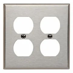 General-purpose wall plate for covering duplex outlets. Constructed from stainless steel for corrosion resistance. Suitable for use in industrial and commercial environments where standard plastic plates may not be appropriate.