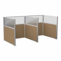 This modular cubicle wall kit includes five panels with a Latte fabric finish and fluted polycarbonate windows. The 72-inch height and width create partitioned spaces suitable for office or industrial environments, providing visual privacy while allowing light transmission. The kit is designed for easy assembly to form workstations, break areas, or similar enclosures