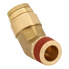 This brass adapter fitting connects 1/4 in OD tubing to a 1/4 in male NPT port. It features a push-to-connect design for quick assembly and includes Vibra-Seal thread sealant pre-applied to the male threads. Suitable for pneumatic systems in air brake, instrumentation, and fluid power applications.