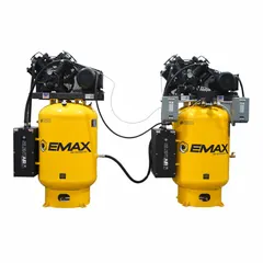 This vertical, 120-gallon air compressor delivers 38 cfm at 175 psi, powered by a 10 hp, 240V single-phase motor. It features a radiator aftercooler with 5-stage intake filtration and automatic operation. Designed for continuous, low-noise compressed air supply in industrial settings.