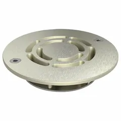 This institutional floor drain grate is constructed of nickel bronze with a satin finish. It has a 5-inch overall diameter and 3/4-inch overall height, with a no-hub connection type. The grate includes a 5/32-inch hex bit for the center reject pin. Suitable for commercial and industrial drainage applications.