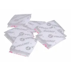 Pre-cut squares of white nylon hook-and-loop material, each measuring 2 inches by 2 inches. Used for temporary or semi-permanent fastening in applications such as cable management, signage mounting, panel attachment, and organizing tools or components.