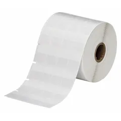 Vinyl wraparound label with white matte finish, precut for wire gauges 18 AWG to 8 AWG. Measures 15/16 in x 3/4 in. Compatible with BBP11 printer series and requires R4313 ribbon. Used for permanent identification of wires in industrial panel building and electrical maintenance.