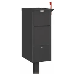 This horizontal drop box is designed for receiving packages in commercial or multi-tenant settings. It features a single front door and a lockable design for secure parcel storage. Dimensions are 36 inches high, 14 3/8 inches wide, and 23 inches deep.