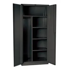 This industrial combination cabinet measures 48 in x 24 in x 78 in and features a dark gray frame with a solid door. It includes a swing handle with padlock hasp, one hanging rod, and four adjustable shelves. Suitable for mixed storage of hanging items and smaller supplies in warehouses, maintenance shops, and manufacturing facilities.