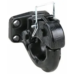 Steel pintle hook with powder-coated finish. Gross towing weight capacity 2,400 lb; gross trailer weight capacity 12,000 lb. Used for connecting trailers to towing vehicles in heavy-duty applications.