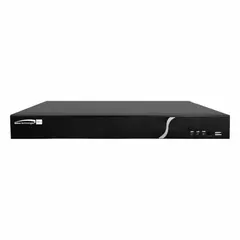 Hybrid video recorder supporting up to 24 analog camera inputs and 24 IP camera inputs. Features H.265 video compression, VGA video output, and a 10 Mbps network interface. Video export via USB flash drive. Includes rack ears for mounting. Suitable for upgrading legacy analog surveillance systems to IP.