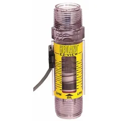 Variable-area inline flowmeter for water with scale display and remote output. Buna-N seals and O-rings, universal mounting orientation, measures flow in gallons with +/-5% accuracy. Suitable for monitoring water flow in industrial process lines, cooling loops, and water treatment systems.