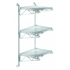 This wall-mount shelving unit features three aluminum wire shelves, each measuring 60 inches by 18 inches with a 300 lb load capacity. The shelves are adjustable in height and mount directly to the wall. Suitable for organizing tools, parts, or supplies in warehouses, workshops, and retail backrooms.
