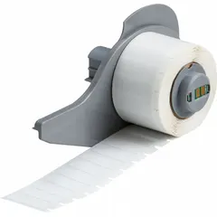 Precut wraparound label roll cartridge for wire identification. Material is 1/4 in polyimide, white matte finish, designed for 10 AWG to 12 AWG wire gauge. Compatible with M710 printer series; requires M7-R4300 ribbon. Typical use includes marking wires in industrial control panels and electrical equipment.