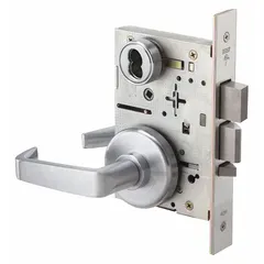 This storeroom lever lockset is designed for interior doors requiring keyed entry from outside and free egress from inside. It features a satin chromium-plated stainless steel finish, a 40H rose, and an interchangeable core for rekeying. ADA compliant lever operation. Not ligature-resistant and no visual indicator.