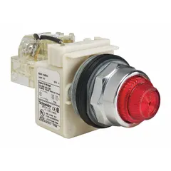 Red incandescent pilot light from the 9001K series, 30 mm panel-mounting size. Includes push-to-test feature for verifying lamp operation. Used for visual indication of machine status or process conditions in industrial control panels.
