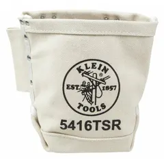 Tan canvas tool pouch with one pocket and open top, designed for carrying fasteners. Attaches to belts up to 3 inches wide via belt slot. Suitable for job sites requiring quick access to hardware.