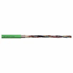 Servo motor feedback cable with a green PUR jacket, conductor grouping of (4) pair 26 AWG and (4) 20 AWG, and no ground conductor. Sold by the foot. Minimum bend radius factor is 4 x OD for fixed installations and 6 x OD for flexible applications. Suitable for use in cable carriers, robotics, and machine tools where continuous flexing occurs.