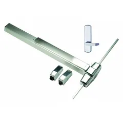 Surface-mounted vertical rod push bar for exit doors. Constructed of aluminum. Features a Touchbar and Dummy Pull configuration. Suitable for doors up to 3 ft wide in commercial and industrial egress applications.