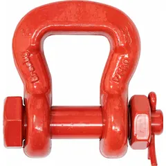 Sling shackle for lifting applications, rated at 70,000 lb working load limit. Compatible with slings up to 5 inches wide. Red body finish. Used in rigging and heavy lifting to connect slings to loads.
