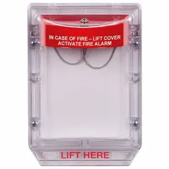 Wall-mount, flush-mount polycarbonate cover for fire alarm pull stations. Red base with clear cover, marked with legend 'IN CASE OF FIRE - LIFT COVER ACTIVATE FIRE ALARM'. Protects against accidental activation or damage while providing clear emergency instructions.