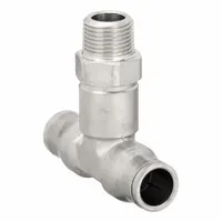 Nickel-plated brass tee fitting with silver finish. Features a 3/8" pipe thread and two 12 mm OD push-fit ports. Overall length 62 mm. Used to create branch connections in pneumatic or fluid tubing systems
