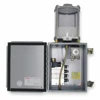 This grease-dispensing machine-mount lubrication system has a 75 cu in reservoir capacity and provides 4 feeds. It includes a timer and features a 9:0 pump ratio. Typical applications include automated lubrication of bearings and moving parts in industrial machinery