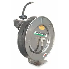 This spring-return hose reel is constructed with stainless steel for corrosion resistance in washdown and fluid handling applications. It accommodates up to 50 ft of 1/2 in I.D. hose and features a 1/2 in MNPT hose end configuration. The stainless steel swivel and 300 psi maximum operating pressure support industrial use. Overall dimensions: 20-5/8 in L x 8-7/16 in W x 22-1/2 in H, silver finish.